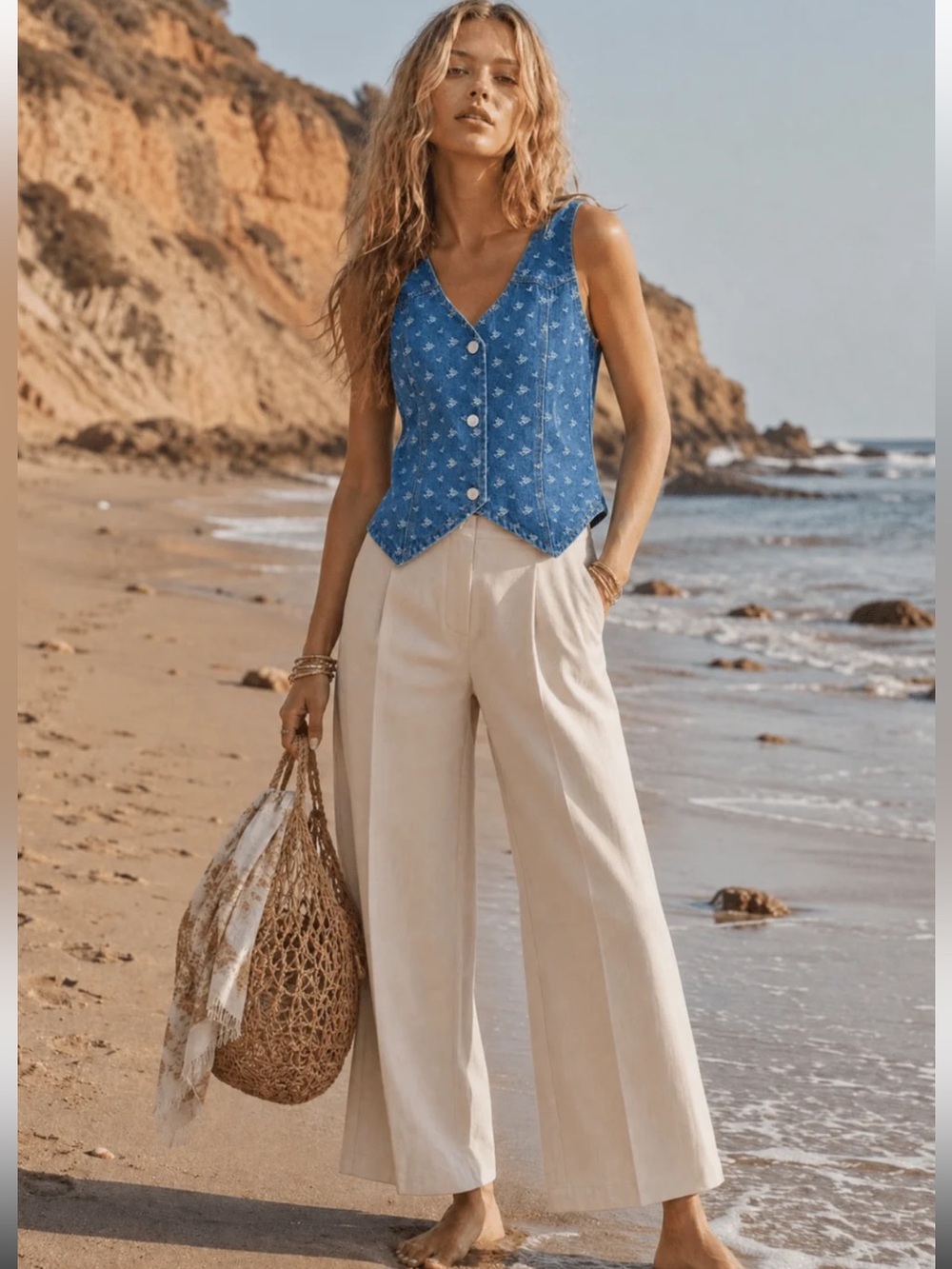 Blue Printed V-Neck Button Front Women's Top